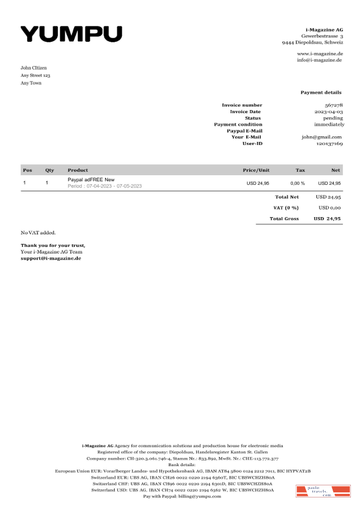 Switzerland Yumpu invoice Word and PDF template PSD template